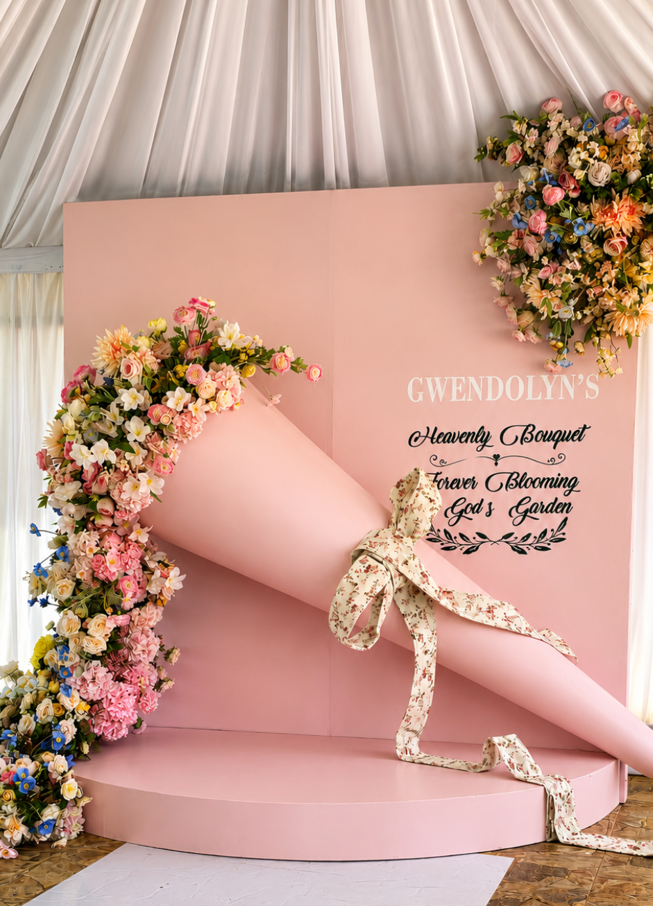 soft pink giant bouquet backdrop rental featuring lush floral arrangements and a circular platform for baby showers, birthday, bridal showers and elegant celebrations in jamaica
