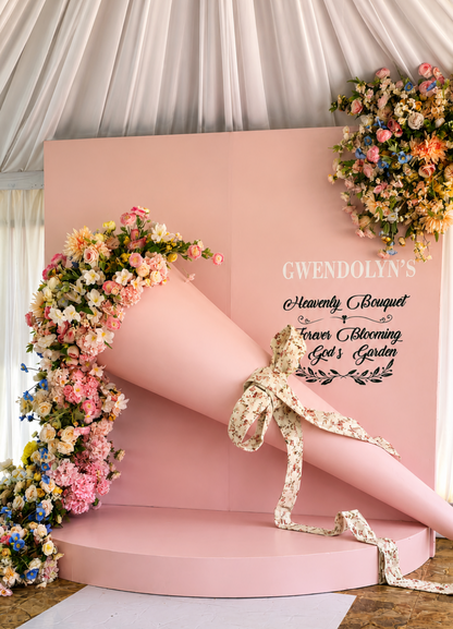 soft pink giant bouquet backdrop rental featuring lush floral arrangements and a circular platform for baby showers, birthday, bridal showers and elegant celebrations in jamaica
